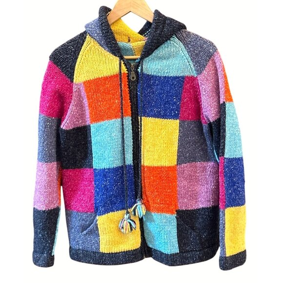 Rainbow Patchwork Hand Knitted Hooded Sweater Dopamine Boho Indie Y2K Full Zip - Picture 1 of 4